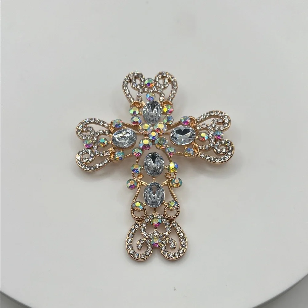 279. Gold and Crystal Rhinestone Cross Brooch